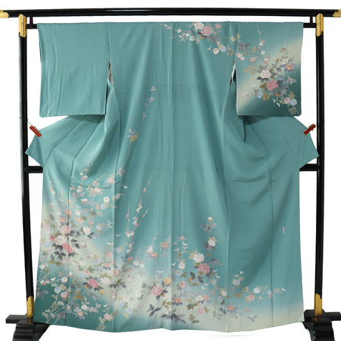 リサイクル 身丈160.5cm 裄66.2cm 袷 菊・牡丹 グリーン Lサイズ セミフォーマル 正絹 広衿 Sランク