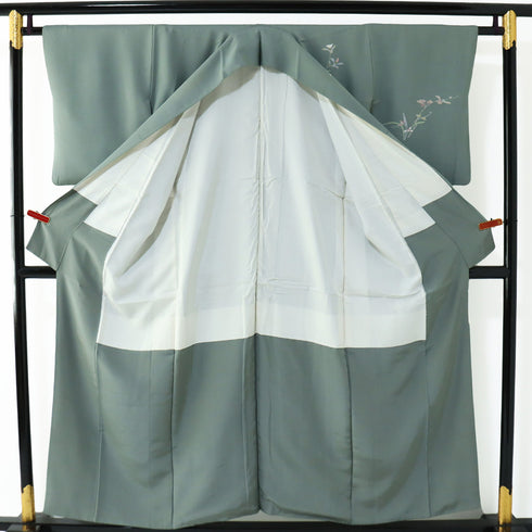 訪問着 リサイクル 身丈152.8cm 裄63.6cm 袷 花柄 グリーン Sサイズ セミフォーマル お洒落 正絹 広衿 Aランク