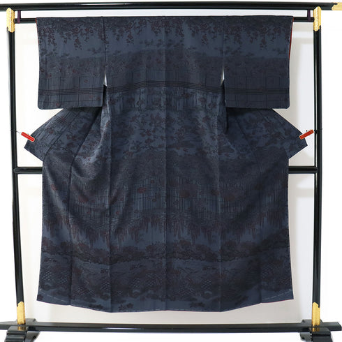 付下げ リサイクル 袷 付下げ小紋柄 紅型調柄 ネイビー 規格外サイズ お洒落 正絹 広衿