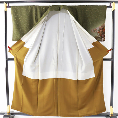 訪問着 リサイクル 身丈155.8cm 裄64cm 袷 辻が花模様 小花散らし 芝草模様 箔加工 グリーン Mサイズ お洒落 正絹 広衿 Sランク