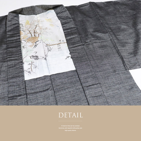 アンサンブル 男物 リサイクル 身丈133cm 裄66.8cm 羽織丈87cm 袷 グレー SSサイズ お洒落 カジュアル しつけ糸 正絹 棒衿 Sランク