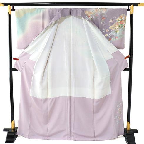 訪問着 リサイクル 身丈165cm 裄66.4cm 袷 松唐菱に菊柄 金駒刺繍 箔 パープル Lサイズ フォーマル セミフォーマル 正絹 広衿 Sランク