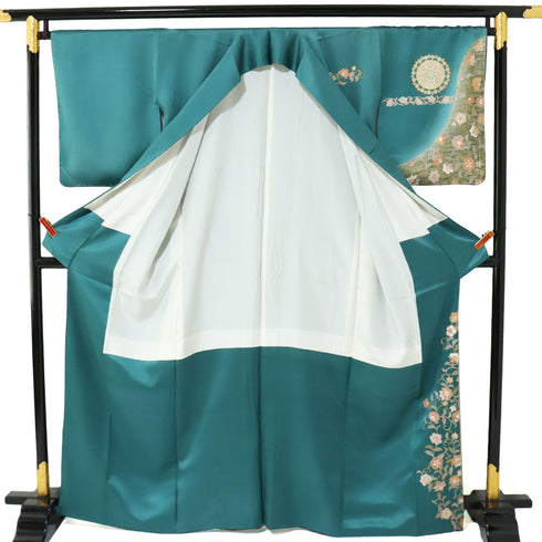 訪問着 リサイクル 身丈162.7cm 裄68.4cm 袷 華文 花唐草 箔 地紋 グリーン Lサイズ セミフォーマル お洒落 正絹 広衿 Sランク