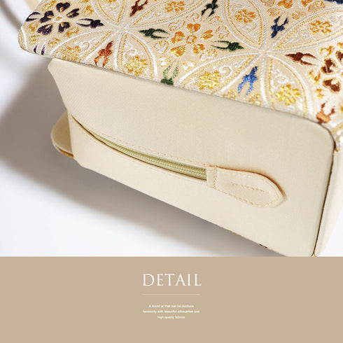 バッグ お洒落 ベージュ 正絹 未使用品 利休バッグ 西陣織 七宝華文柄 巾着付き