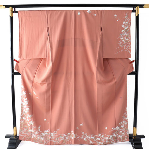 訪問着 リサイクル 身丈162.8cm 裄65.6cm 袷 草花柄 ピンク Lサイズ 正絹 広衿 Sランク