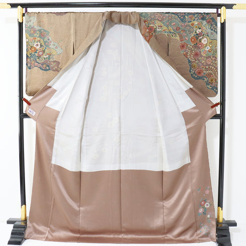 訪問着 リサイクル 身丈171.2cm 裄71cm 袷 絞り加工 辻が花風 金駒刺繍 箔加工 ブラウン LLサイズ お洒落 正絹 広衿 Sランク