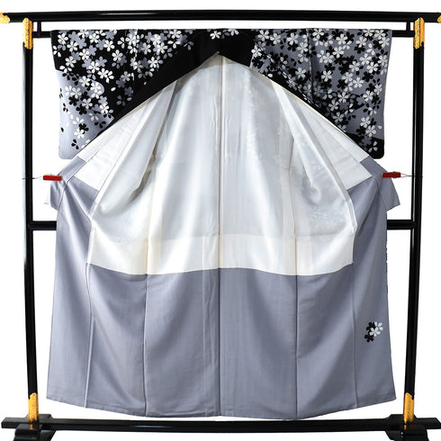 訪問着 リサイクル 身丈152.8cm 裄62.8cm 袷 桜柄 ブラック Sサイズ セミフォーマル お洒落 落款 しつけ糸 正絹 広衿 Sランク