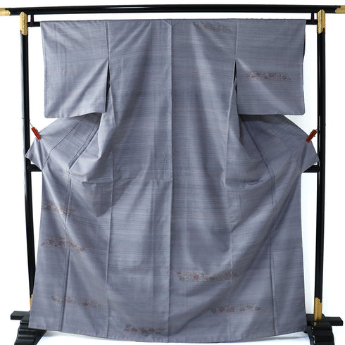 訪問着 リサイクル 身丈167.8cm 裄64.8cm 袷 紬 若干ゆったりサイズ 鳳凰柄 花柄 ブルー LLサイズ お洒落 正絹 広衿 Aランク