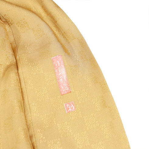 色無地 リサイクル 身丈163.2cm 裄67.2cm 袷 市松柄 イエロー Lサイズ セミフォーマル お洒落 落款 一つ紋 正絹 広衿 地紋あり Sランク