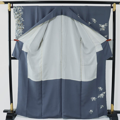 訪問着 リサイクル 身丈163cm 裄67.4cm 袷 花柄 パールトーン加工 箔 ブルー Lサイズ お洒落 正絹 広衿 Aランク