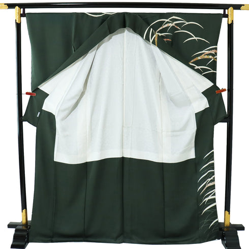 訪問着 リサイクル 身丈167.2cm 裄66.4cm 袷 雪芝柄 金駒刺繍 グリーン LLサイズ お洒落 正絹 広衿 Sランク