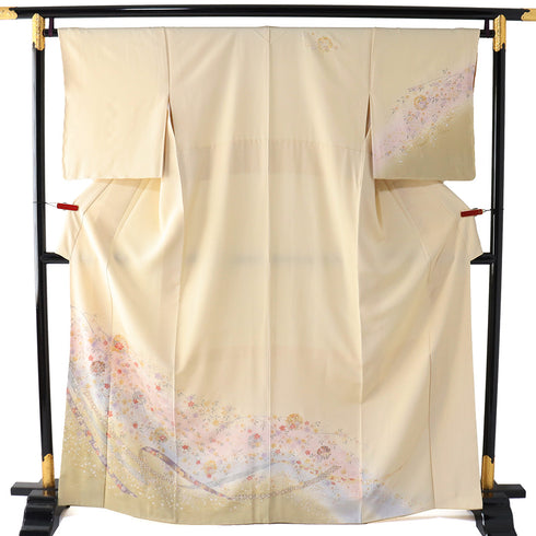 付下げ リサイクル 身丈165.3cm 裄66.4cm 袷 雪輪に枝垂れ桜柄 金駒刺繍 箔 ベージュ Lサイズ フォーマル セミフォーマル しつけ糸 正絹 広衿 Sランク