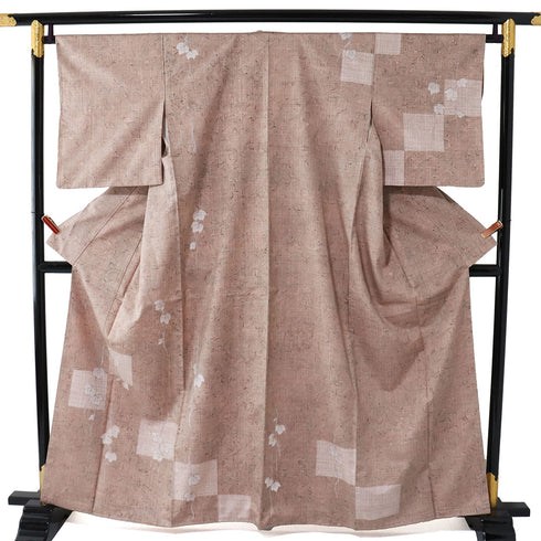 訪問着 リサイクル 身丈160cm 裄65.8cm 袷 紬 伝統工芸品 上代絵抜御召 さくらつむぎ ゆったりサイズ 地紋 ベージュ Mサイズ お洒落 証紙 正絹 広衿 Sランク