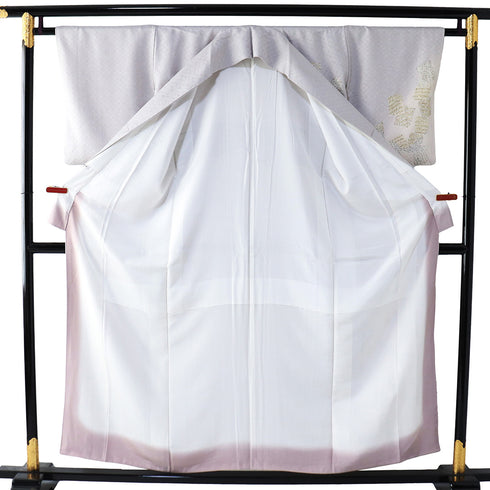 付下げ リサイクル 身丈153.8cm 裄63.6cm 袷 たたき色紙散らしに小花の刺繍 地紋 パールトーン加工 グレー Sサイズ セミフォーマル お洒落 正絹 広衿 Sランク