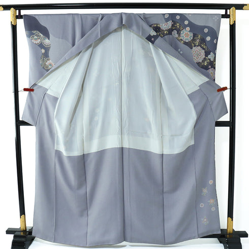 訪問着 リサイクル 身丈160.5cm 裄64.8cm 袷 華紋や花唐草柄 金駒刺繍 グレー Lサイズ フォーマル 一つ紋 正絹 広衿 Sランク