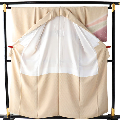 訪問着 リサイクル 身丈156cm 裄64.4cm 袷 草花柄 ベージュ Mサイズ セミフォーマル お洒落 一つ紋 正絹 広衿 Sランク