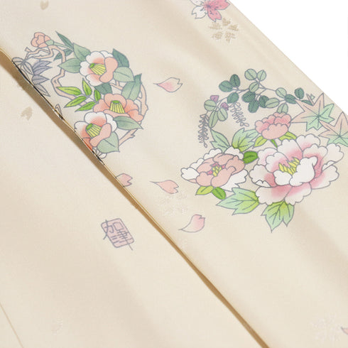 長襦袢 リサイクル 長襦袢 身丈124.2cm 裄67cm 袷 花丸柄 地紋 ベージュ Lサイズ セミフォーマル お洒落 落款 正絹 袖無双 Sランク