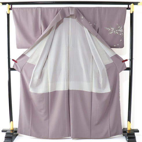 訪問着 リサイクル 身丈160.5cm 裄66.2cm 袷 桜柄 花枝模様 パープル Lサイズ セミフォーマル お洒落 一つ紋 正絹 広衿 Sランク