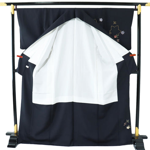 訪問着 リサイクル 身丈168.3cm 裄67cm 袷 紅葉や菊柄 箔 ネイビー LLサイズ お洒落 不明 広衿 Sランク