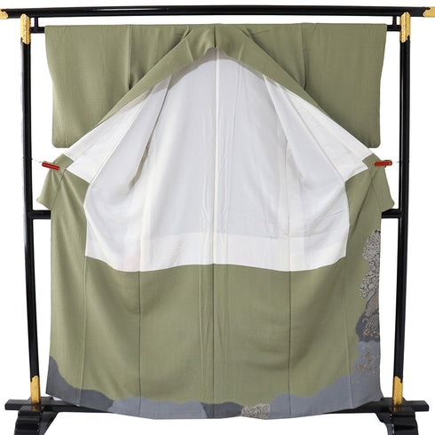 色留袖 リサイクル 身丈159.2cm 裄65.4cm 袷 辻ヶ花模様 絞り 大脇一心 グリーン Mサイズ 落款 三つ紋 正絹 広衿 Sランク