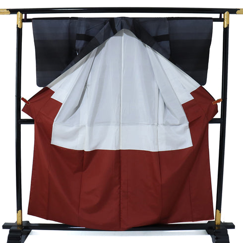 付下げ リサイクル 身丈155.5cm 裄63.2cm 袷 大島紬 ボーダー柄 絣柄 ネイビー サイズ お洒落 カジュアル 正絹 広衿 Aランク