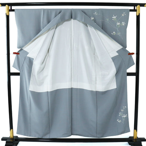 訪問着 リサイクル 身丈151cm 裄62.4cm 袷 花鳥柄 峰山 グレー Sサイズ お洒落 落款 正絹 広衿 Sランク