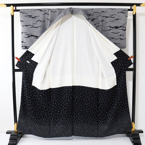 訪問着 リサイクル 身丈157.5cm 裄63cm 袷 ゆったりサイズ 絞り パールトーン加工済 ブラック Mサイズ お洒落 正絹 広衿 Sランク