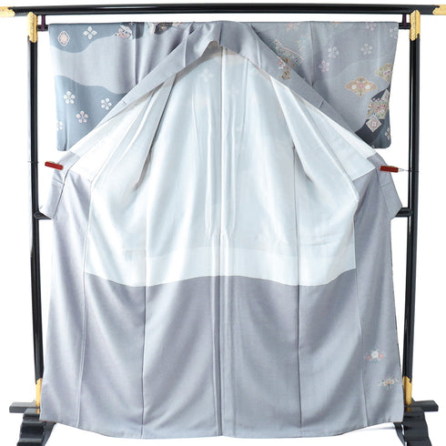 訪問着 リサイクル 身丈166cm 裄66.8cm 袷 道長取りに華文柄 金駒刺繍 ゆったりサイズ ブルー LLサイズ フォーマル セミフォーマル しつけ糸 正絹 広衿 Sランク