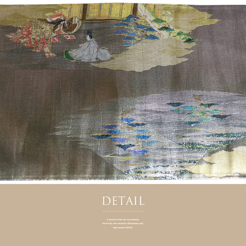 袋帯 リサイクル 帯丈440cm 六通 ポイント柄 平安絵巻柄 西陣織 貴秀螺鈿 シルバー Mサイズ 正絹 新品・未使用品 フォーマル