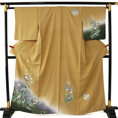 訪問着 リサイクル 身丈160cm 裄64.4cm 袷 雪輪模様 鶴柄 花柄 箔加工 イエロー Mサイズ セミフォーマル お洒落 正絹 広衿 Aランク