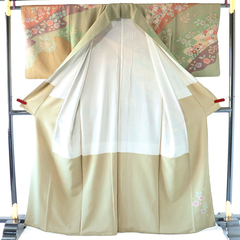訪問着 リサイクル 身丈162.2cm 裄63.6cm 袷 染め分け 部分絞り 扇子に花各種柄 金駒刺繍 箔 グリーン Lサイズ セミフォーマル お洒落 正絹 広衿 Sランク
