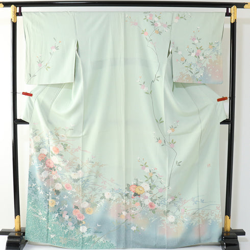 訪問着 リサイクル 身丈164.8cm 裄67.2cm 袷 菊柄 グリーン Lサイズ フォーマル セミフォーマル 落款 正絹 広衿 Sランク