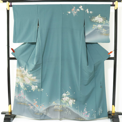 訪問着 リサイクル 身丈161.2cm 裄65.4cm 袷 四季花模様 箔加工 グリーン Lサイズ セミフォーマル お洒落 正絹 広衿 Sランク