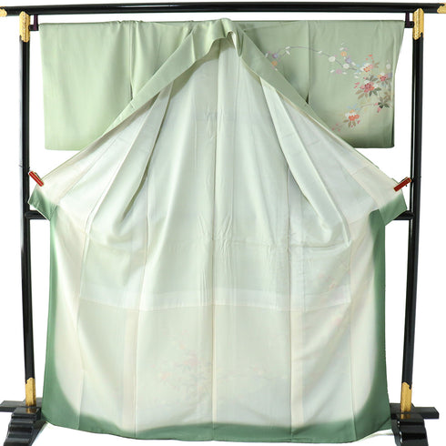 付下げ リサイクル 身丈166.5cm 裄69.4cm 袷 花に枝模様 グリーン LLサイズ フォーマル セミフォーマル 正絹 広衿 Sランク