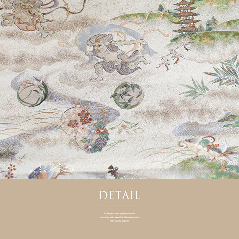 袋帯 リサイクル 帯丈450cm 全通 風景、七福神や風神雷神など 箔 リバーシブル 招福千寿文 ゴールド Lサイズ 正絹 Sランク フォーマル セミフォーマル