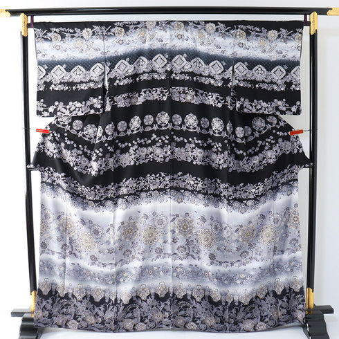 訪問着 リサイクル 身丈165cm 裄68cm 袷 華紋柄 更紗柄 汕頭刺繍 ブラック Lサイズ お洒落 正絹 広衿 Aランク