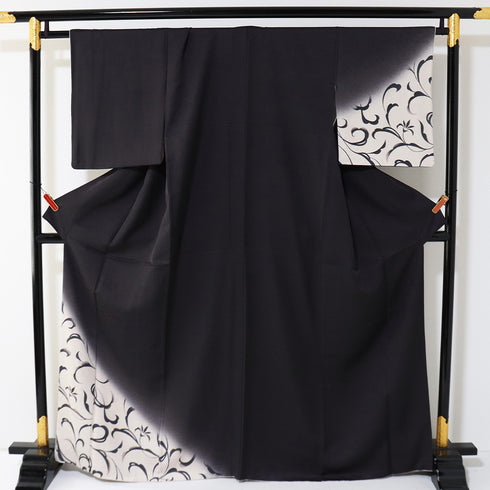 リサイクル 身丈165cm 裄65.5cm 袷 金彩 花唐草模様 ネイビー Lサイズ お洒落 セミフォーマル 正絹 広衿 Sランク