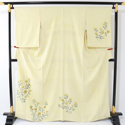 訪問着 リサイクル 身丈164.5cm 裄66.4cm 袷 花柄 箔 イエロー Lサイズ セミフォーマル 正絹 広衿 Aランク
