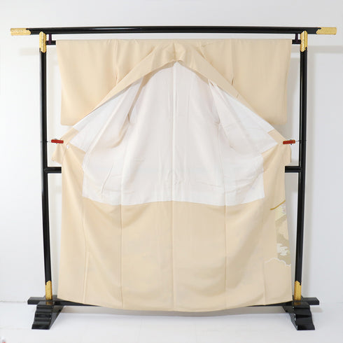 色留袖 リサイクル 身丈160.8cm 裄66.4cm 袷 花や橋柄 金駒刺繍 ベージュ Lサイズ 一つ紋 正絹 広衿 Aランク