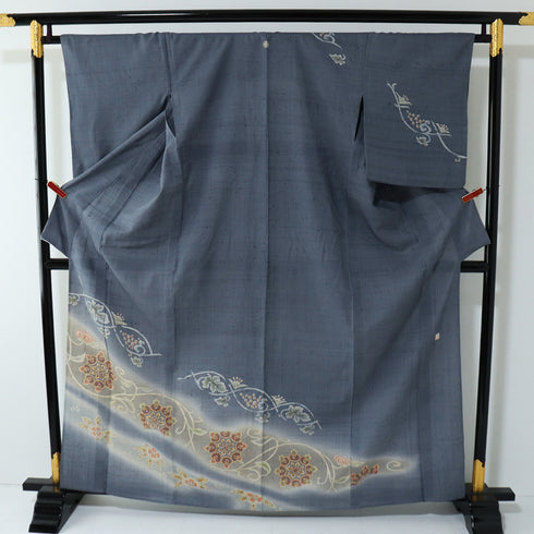 訪問着 リサイクル 夏着物 身丈162cm 裄66cm 夏物 花・葡萄柄 紬 グレー Lサイズ フォーマル 一つ紋 正絹 広衿 Bランク