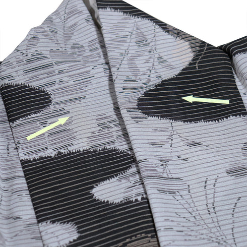 小紋 リサイクル 夏着物 身丈155.5cm 裄66cm 夏物 葉柄 霞に蝶柄 グレー Mサイズ カジュアル ポリエステル 洗える着物 広衿 Aランク