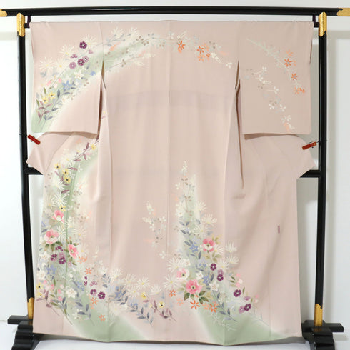 訪問着 リサイクル 身丈161.5cm 裄68cm 袷 花柄 作家「節」 ピンク Lサイズ セミフォーマル 一つ紋 正絹 広衿 Sランク