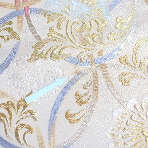 袋帯 リサイクル 帯丈430cm 六通 デザイン七宝柄に花唐草柄 白椛 宮むらさき ベージュ Sサイズ 正絹 Sランク フォーマル セミフォーマル