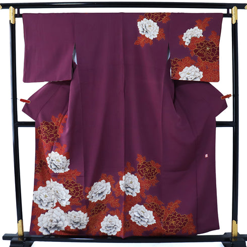 訪問着 リサイクル 身丈154cm 裄65.2cm 袷 牡丹柄 部分刺繍 箔加工 パープル Sサイズ セミフォーマル お洒落 正絹 広衿 Aランク