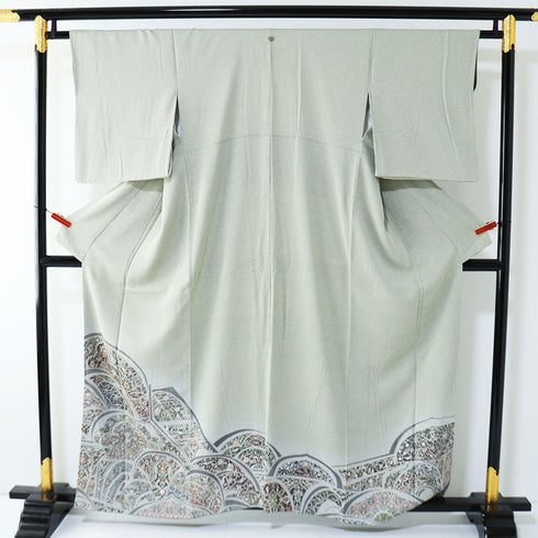 色留袖 リサイクル 身丈158.7cm 裄64cm 袷 彩天目織 オリエンタル花柄 グリーン Mサイズ 一つ紋 正絹 広衿 Aランク