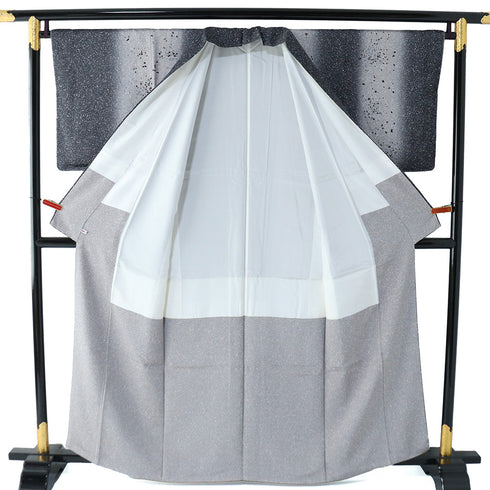 訪問着 リサイクル 身丈159.3cm 裄67.8cm 袷 たたき染め 石田凱宣 ぼかし ネイビー Mサイズ お洒落 落款 しつけ糸 正絹 広衿 Sランク