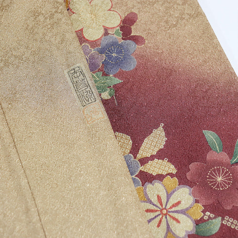 訪問着 リサイクル 身丈161.7cm 裄66.4cm 袷 鼓や扇子や花柄 ブラウン Lサイズ お洒落 セミフォーマル 正絹 広衿 Aランク