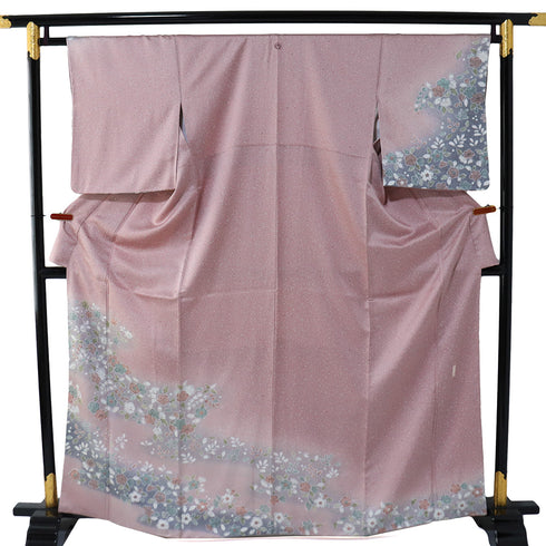訪問着 リサイクル 身丈163.8cm 裄65.4cm 袷 辻ヶ花柄 後絞り加工 パープル Lサイズ セミフォーマル お洒落 一つ紋 正絹 広衿 Aランク