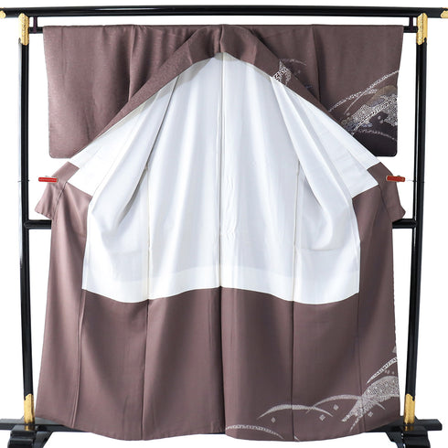 訪問着 リサイクル 身丈157.7cm 裄65.2cm 袷 地紋 名霜鳥忍 ゆったりサイズ パープル Mサイズ お洒落 しつけ糸 正絹 広衿 Sランク