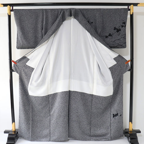 訪問着 リサイクル 身丈163.5cm 裄68.4cm 袷 ひょうたん模様 たたき染め 岸上純平 ブラック Lサイズ お洒落 落款 しつけ糸 正絹 広衿 Sランク